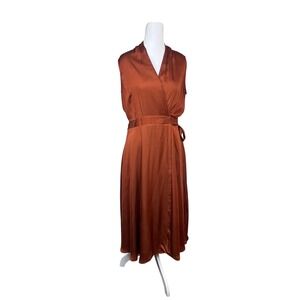 Scotch & Soda Maison Scotch Burnt Orange Satin Wrap Midi Dress Womens Small S